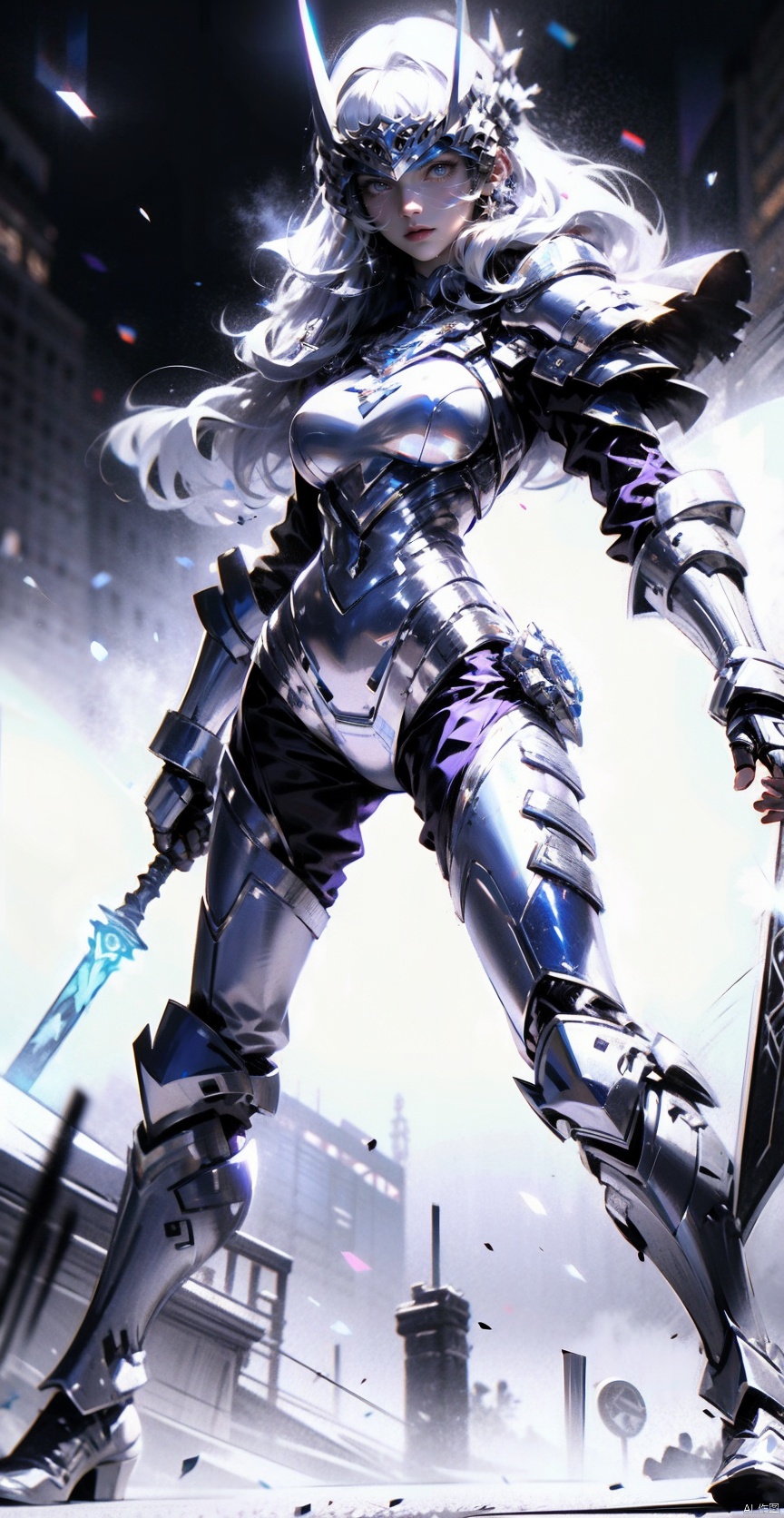  A girl in white and blue armor, in a dilapidated city, shows determination and fearless courage. She was wearing an elaborate suit of armor, a combination of white and blue that made her stand out against the gray city background. This suit of armor not only shows her nobility, but also her readiness for battle. The helmet is decorated with complex patterns, and the purple eyes are like the brightest stars in the night sky, flashing a mysterious light. Her eyes are firm and deep, as if she can see into the future, showing her persistent pursuit of victory. The girl holds an energy sword in her hand, her left hand firmly holding the hilt, her right hand gently supporting the blade, ready to strike a fatal blow at any time. The sword complements her armor, showing her great fighting power and fearless courage.
1 gril,full body,
render,technology, (best quality) (masterpiece), (highly detailed), 4K,Official art, unit 8 k wallpaper, ultra detailed, masterpiece, best quality, extremely detailed,atmospheric,highdetail,exquisitefacialfeatures,futuristic,sciencefiction,CG,low saturation,monochrome,