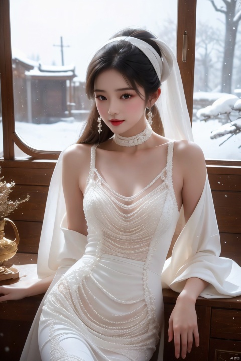  a girl for cgart_mayfly\(model\) test, in (pure white:1.5) dress, long hair cascading over her shoulders, winter hanfu, fur collar,(looking_at_viewer),smile. BREAK, adorned with a golden headband on her hair, which shone even more brilliantly in the snow. Her attire was like that of a fairy woman. she was only around 15 or 16 years old, with skin as white as snow, delicate and beautiful beyond words. BREAK,Snow, Edge lighting, the traditional Chinese boat, 35mm photograph, shot by Leica M50 f/2.8