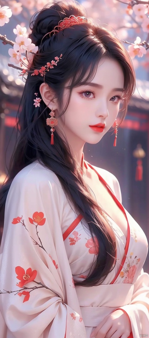  1girl,jewelry,solo,hair ornament,necklace,chinese clothes,flower,black hair,hanfu,long hair,breasts,blurry,blurry background,upper body,cleavage,red lips,looking at viewer,realistic,dress,hair stick,hair flower,branch, , Light master