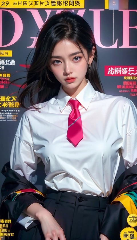 magazine, (cover-style:1.1), fashionable, vibrant, outfit, posing, front, colorful, solo, looking at viewer, shirt,((1girl)),white shirt,necktie, collared shirt, pants, black pants, formal, suit, black necktie, watch, black suit,Visual impact,A shot with tension,(upper body:1.0),cold attitude, Ear stud,tattoo,