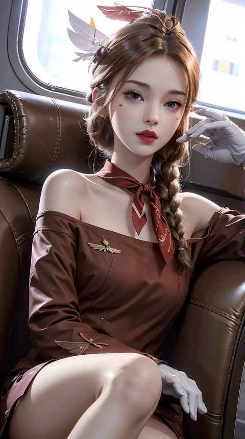 High quality, masterpiece, wallpaper, 1 girl, Stewardess, red unifrom, white gloves,garrison cap,(Half body),Feather on the forehead, off shoulder,Stewardess,red unifrom