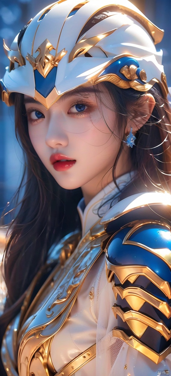  4k, office art,1girl with white armor,decorated with complex patterns and exquisite lines, k-pop, blue eyes, dark red lips,helmet,1girl, (\xing he\)