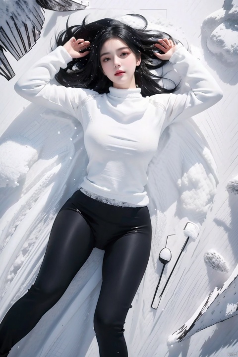  1 girl,(Black tight fitting clothing),Black hair, (snowfield:1.5),full body,Lying down, looking from above,Partially submerged by snow