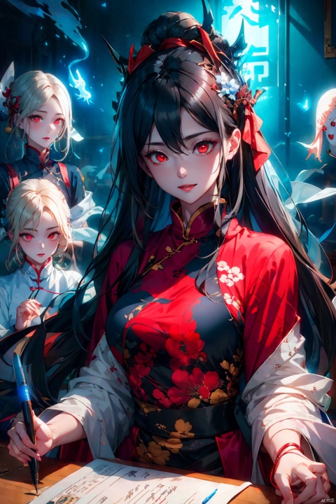  illustration,Wallpaper, ukiyo-e, royal sister and Chinese ghosts, rich colors, dark painting style, 1 royal sister, red glowing eyes, long black hair, wearing a black Chinese cheongsam, white plush shawl, evil smile, holding an ink pen, in Drawing on the desk, surrounded by countless floating ghosts of pain and blue souls, the souls and ghosts wrap around the girl, shocking picture, visual impact --q 2 --s 750 --niji 6 --ar 16:9 --, dofas, MATURE FEMALE, cosmetic contact lenses_Sharingan, zhonghuaniang