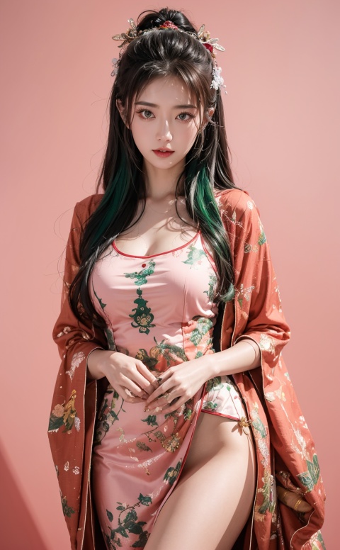  RAW photo, best quality, masterpiece, realisitc skin texture, professional photography, ultra high details, 32K, 1girl,china dress,taoist robe,long hair,(green hair),Seductive beauty,Pink background,(panties:0.6), wangyushan, 21yo girl