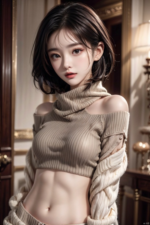  High quality, masterpiece, Portrait,cinematic texture,1girl,sexy_sweater, Scarf,Off shoulder,Short hair, navel, liuyifei, 1girl