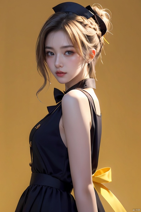  masterpiece,1girl,solo,looking at viewer,bangs,blonde hair,simple background,dress,ribbon,bare shoulders,hair ribbon,yellow eyes,braid,sidelocks,small breasts,black gloves,elbow gloves,hair bun,black ribbon,sleeveless dress,single hair bun,yellow background,french braid,lolita fashion,black border,artoria pendragon \(fate\),saber,, artoria pendragon \(fate\), (\meng ze\), (\ji jian\), jiqing, mjuanlian,bubble, pld, Trainee Nurse