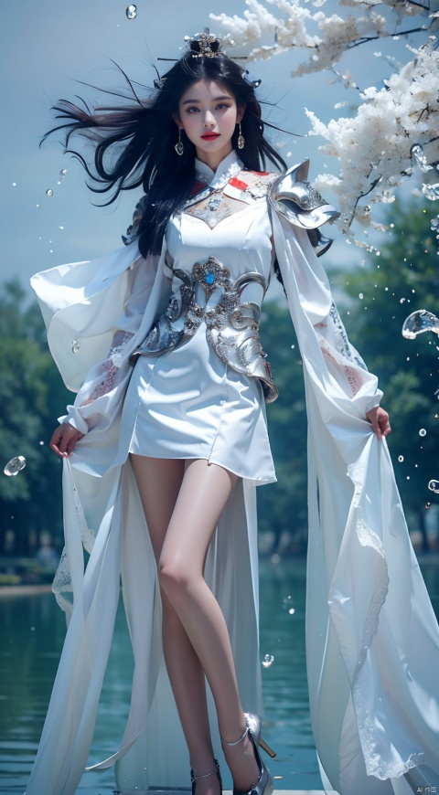  High quality, masterpiece, 1girl, white armor,Beautiful legs, high heels,wate, (water drop)