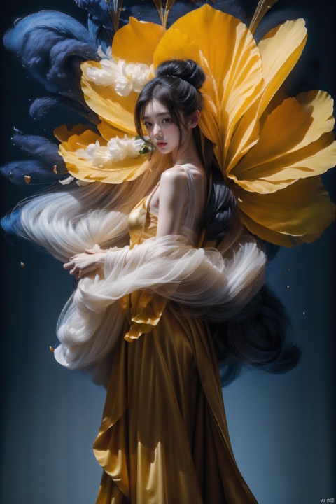 heise jinyao, inspired by Zhang Han, xianxia fantasy, flowing gold robes, (Colorful, colorful hair),inspired by Guan Daosheng, long hair, fantasy art style,,Ink scattering_Chinese style, lotus leaf, 1girl
