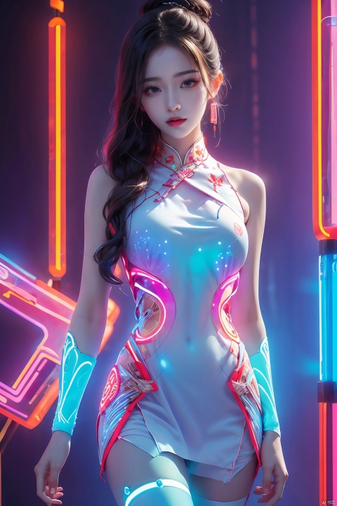  1girl,Chinese dress,glowing,lneon lamp,thigh