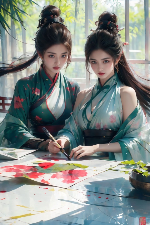 2girls, Ancient young male ((male characteristics)) Highest picture quality, beautiful eyes, luminous eyes, exquisite features, express lips,(cleavage),(Clavicle),(table),expression, gentle eyes (Chinese painting illustration) (((Clear))) (((artistic conception)) Watercolor long hair tie details, Hanfu, eardrops, eye light, long eyelashes, close-up portraits, bamboo shadows, soft light, green tones, warm yellow sunlight, high contrast,Ink scattering_Chinese style, smwuxia Chinese text blood weapon:sw, lotus leaf, (\shen ming shao nv\)