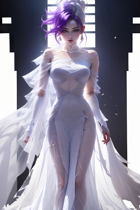  (best quality, masterpiece),solo, 1girl, Purple eyes, super saiyan, Purple hair, son goku, aura, clenched hands, (Transparent white gauze dress: 1.5),Half body,