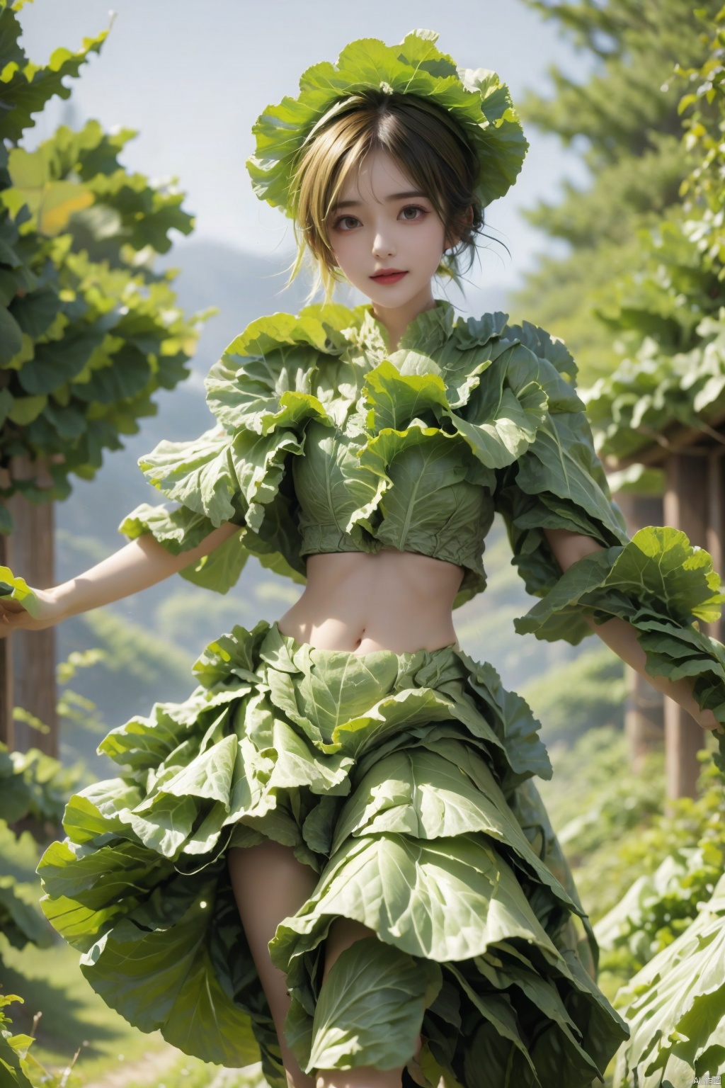  1girl,cabbage_skirt,navel, forest, running