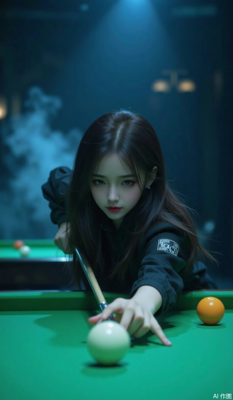 The beauty aims at the moment of hitting the ball, shoots from the side, and takes a buttocks, super realistic photography 8k picture quality. The metal club reflects the eyelash projection. The cool-toned spotlight penetrates the billiards to form light spots. The red lips and green table form contrast. The hair is stained with thin sweat to present a translucent texture. The depth of field is blurred and the colorful billiards and fog can be seen in the background. The dynamic blur shows the concentrated expression of the moment of hitting the ball. The film-sensing horizontal composition retains the sphere's edge distortion effect, real-person high-definition, background blur