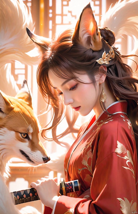 Spiritual Guidance, close-up shot of a beautiful Kitsune woman wearing red kimono with nine tails holding a katana in her hands downwards in front of her, dynamic poses, highly detailed, ultra-high resolutions, 32K UHD, best quality, masterpiece, 