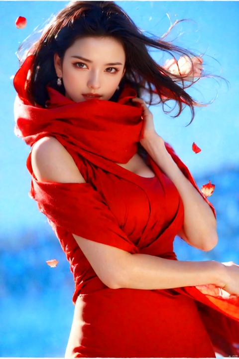  1girl, red dress, (scarf), wind, petal, CatherineZetaJones
