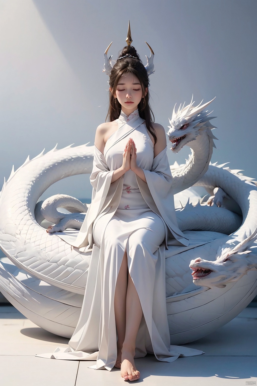 1 girl, meditating ,full body,(white Dragon),