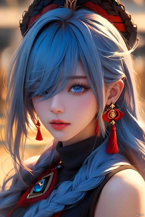  shenhe,genshin impact+ Detailed face +,1girl,solo,long hair,(headwear:1.3),blue eyes,looking at the audience,tassel earrings,hair covering one eye,bangs,virgin_killer_sweater+