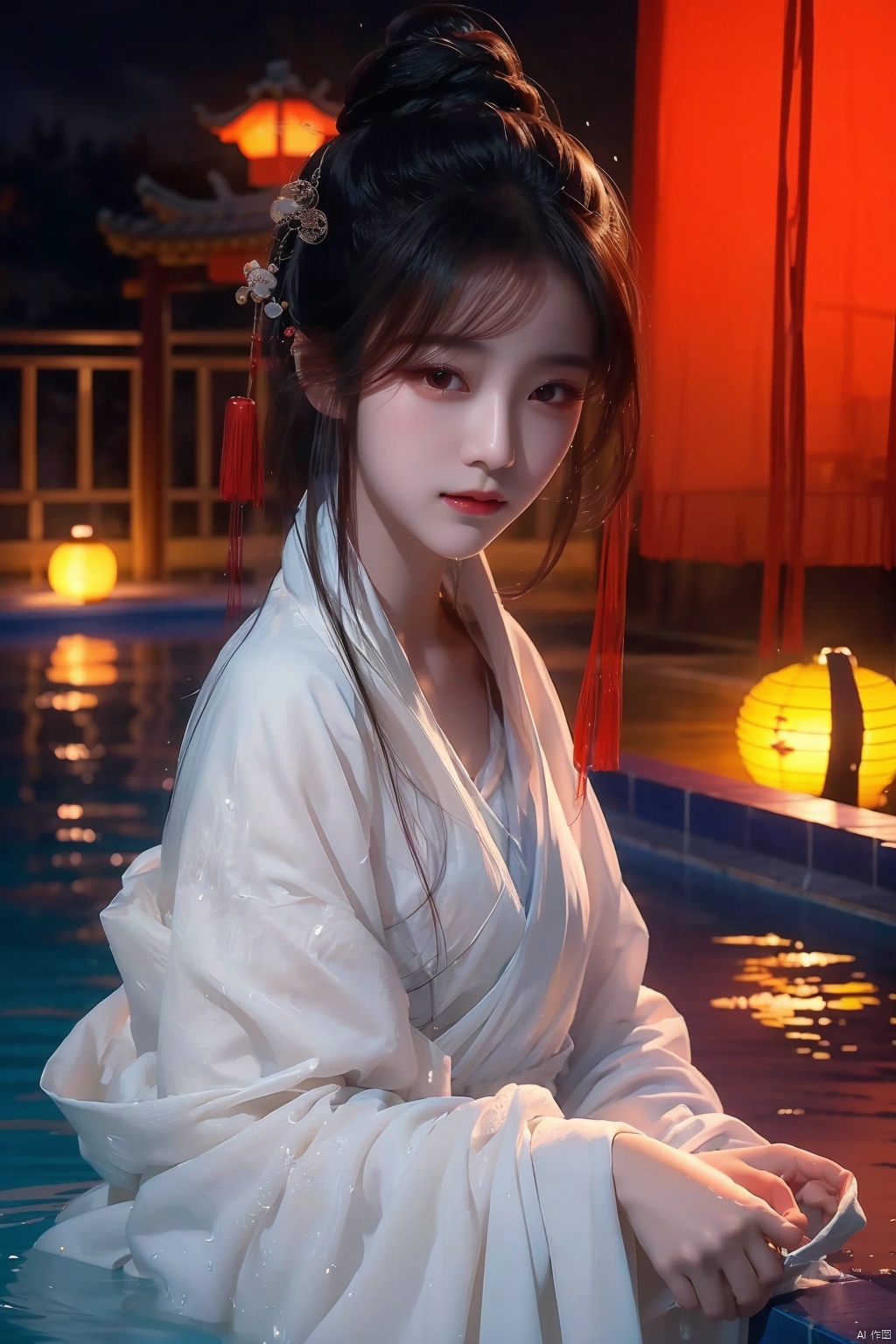  High quality, masterpiece, cinematic texture, Chinese elements, 1 girl bathing in the pool, (wrapped in a gauze: 1.2), (with a large amount of water vapor on the surface), (hot spring), lantern, night,Song style Hanfu,smog,8K Ultra HD, clear and bright image quality, highly refined, extremely fine, chang