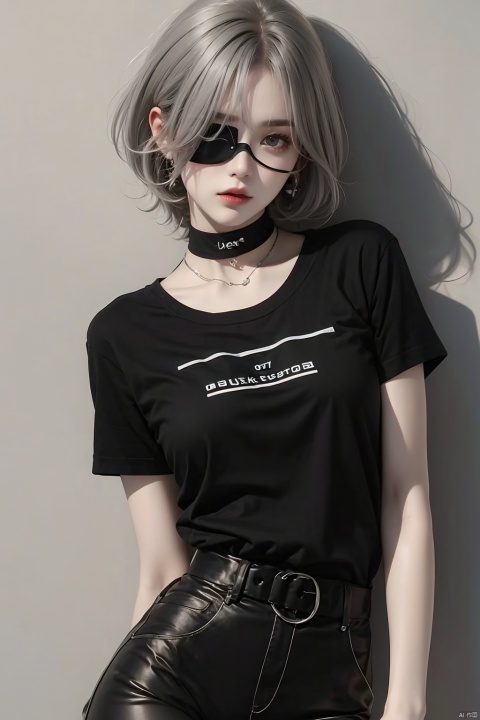 1girl,grey hair,choker,black shirt,portrait,eyepatch,Thighs, half body,