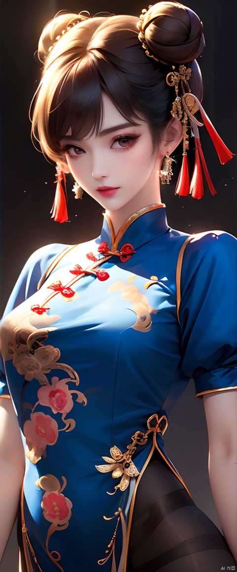  masterpiece, best quality, perfect face, perfect brown eyes with white sclera, bad-hands-5, solo, 1girl, upper body, brown hair, sf2 chun, chinese clothing, wide hips, muscular female, blue clothes, pantyhose, pelvic curtain, puffy short sleeves, bun cover, sash, standing, rating:safe, gold armor