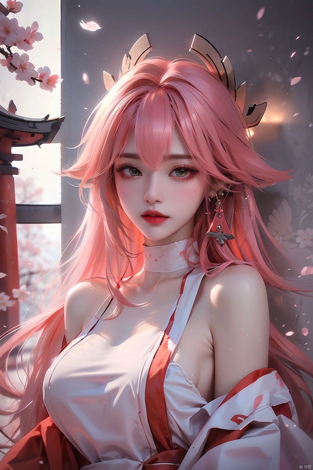  (Masterpiece, Excellent, 1girl, solo, complex details, color difference), realism, ((medium breath)), off-the-shoulders, big breasts, sexy, Yae Miko, long pink hair, red headdress, red highlight, hair above one eye, green eyes, earrings, sharp eyes, perfectly symmetrical figure, choker, neon shirt, open jacket, turtleneck sweater, against the wall, brick wall, graffiti, dim lighting, alley, looking at the audience, ((mean, seductive, charming)), ((cherry blossom background ))),((Japanese temple background)))), (((Glow-in-the-dark background))), yae miko, (\meng ze\)