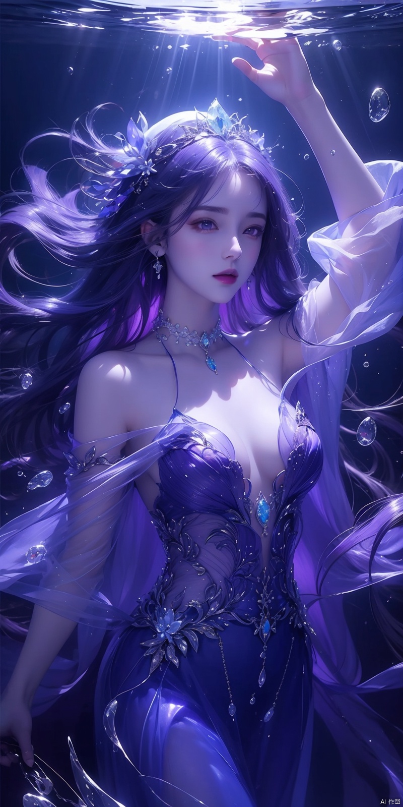  1girl,(Transparent dress),hair ornament,floating hair,water,underwater,air bubble,Half-body,(Perfect body) shape,artist name,gem,glowing,jewelry,long hair,looking at viewer,magic,hat,choker,light particles, ((purple light effect))