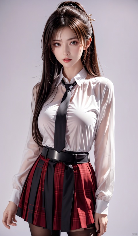 masterpiece,best quality,official art,extremely detailed CG unity 8k wallpaper,realistic,light rays,light particles,
1girl,solo,skirt,pantyhose,plaid skirt,black hair,long hair,pantyhose,standing,day,(simple background:1.2),necktie,
dynamic pose,looking at viewer,cowboy shot,breasts,hand on hip,belt,lips,
