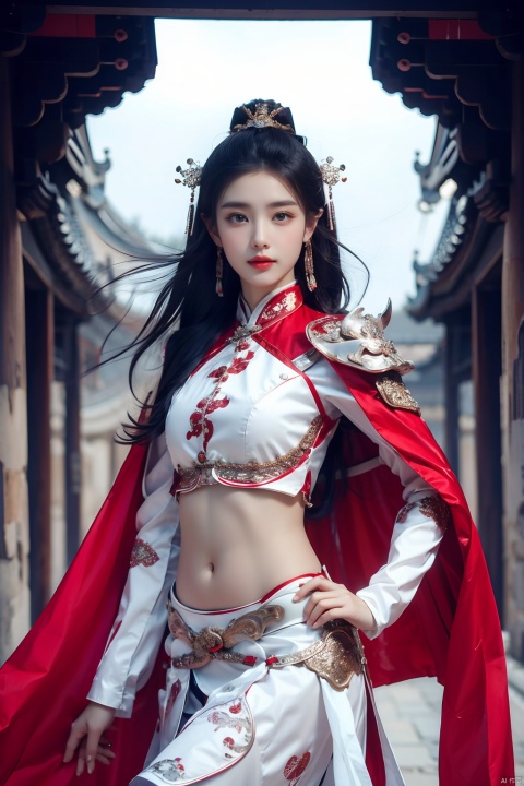  High quality, masterpiece, 1girl,white armor, navel, thighs,Red cape,Bare arms,Ancient architecture, Tang Dynasty, (\yan yu\)