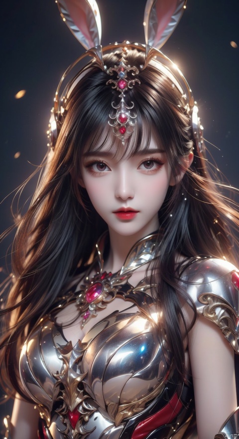  masterpiece,best quality,extremely high detailed,intricate,8k,HDR,wallpaper,cinematic lighting,(universe:1.4),Silver armor,glowing eyes,anthropomorphic rabbit mecha,red jewel, Armor inlaid with gemstones,xiaowu