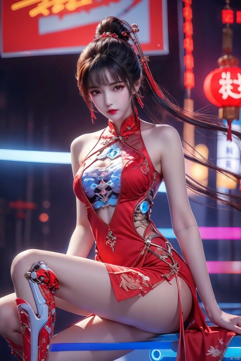  1girl,(chinese dress),glowing,lneon lamp,deformad neon light,cyborg, leg,xiaowu