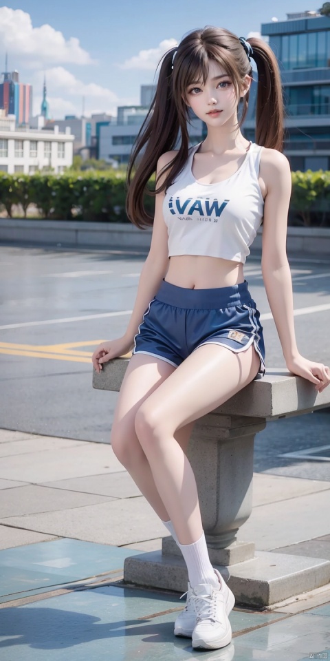  NH,1girl,solo,shorts,socks,long hair,sky,outdoors,shoes,brown hair,white footwear,day,cloud,midriff,shirt,sportswear,blue sky,blue shorts,crop top,white shirt,navel,short shorts,kneehighs,building,brown eyes,tank top,sleeveless shirt,looking at viewer,bangs,sleeveless,
twintails,blurry background,collarbone,realistic,clothes writing,bare shoulders,dolphin shorts,(sitting:1.3), (raw photo:1.2),((photorealistic:1.4))best quality,masterpiece,illustration,an extremely delicate and beautiful,extremely detailed,CG,unity,8k wallpaper,Amazing,finely detail,masterpiece,best quality,official art,extremely detailed CG unity 8k wallpaper,absurdres,incredibly absurdres,huge filesize,ultra-detailed,highres,extremely detailed,beautiful detailed girl,cinematic lighting,1girl,pale skin,tall female,(perfect body shape),skinny body,Slender legs,, pale skin,tall man,long legs,thin leg,