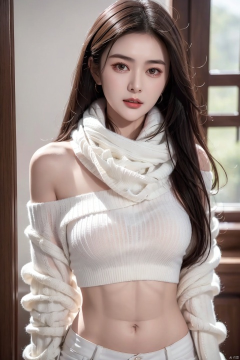  High quality, masterpiece, Portrait,cinematic texture,1girl,sexy_sweater, Scarf,Off shoulder, navel, liuyifei, sexy_sweater, guanzhilin