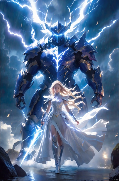 A magic sword knight,composed of elements of thunder,thunder,electricity,His form is barely tangible,with a soft glow emanating from his gentle contours,The surroundings subtly distort through her ethereal presence,casting a dreamlike ambiance,white lightning,Surrounded by thunder and lightning elemental magic,