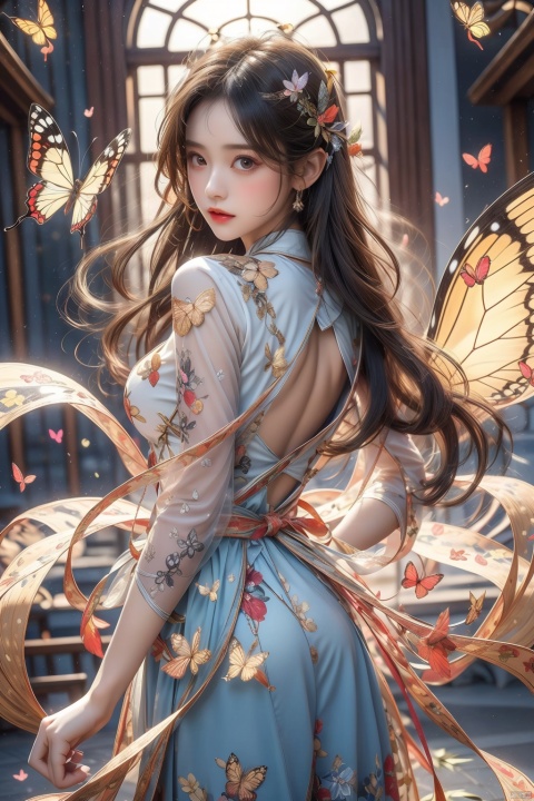  1girl, Out of the shape of the butterfly's ugly shoulders, The sleeve back skirt is designed with insect butterfly wings, Cut cool, Elements: Butterfly melting, antique, Light and light, fashion