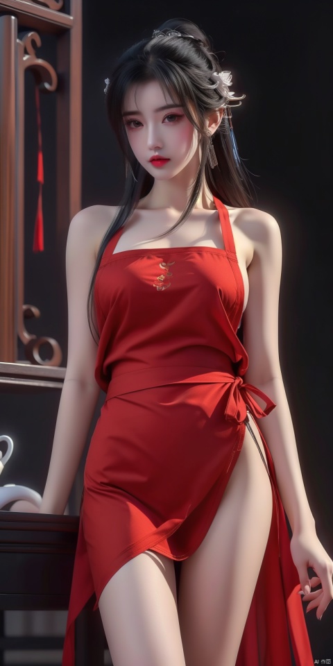  Best quality, masterpiece, photorealistic, 32K uhd, official Art,
1girl, (naked_red apron),thigh,red style,dofas, solo, (\yan yu\), qingyi