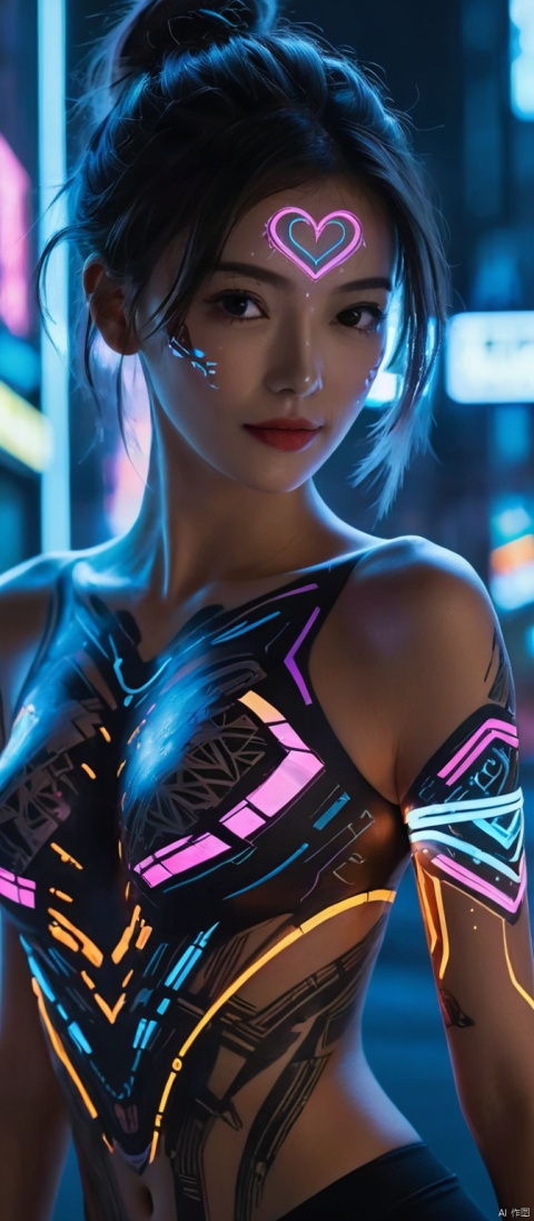 (long_hair, flowing hair), future technology, 1girl, dynamic pose,(glowing_body_painting:3), (glowing tattoo, multi-line light on body, multi-light tattoo:3), in a cyberpunk-style mech, (glowing electronic screen), (electronic message flow: 1.3), holographic projection, (glowing electronic screen on heart: 3), glowing text on thigh, (girl pose: 1.2), glowing e-shoes, colored smoke, city blocks, cyberpunk city background, glow, neon, 1mechanical girl,((ultra realistic details)), waist photo, off shoulder, bare waist, bare legs, bare arms, portrait, detailed face,global illumination, shadows, octane render, 8k, ultra sharp,metal,intricate, ornaments detailed, cold colors, egypician detail, highly intricate details, realistic light, trending on cgsociety, glowing eyes, facing camera, neon details, machanical limbs,
,11, MAJICMIX STYLE, 1girl, Face Score,