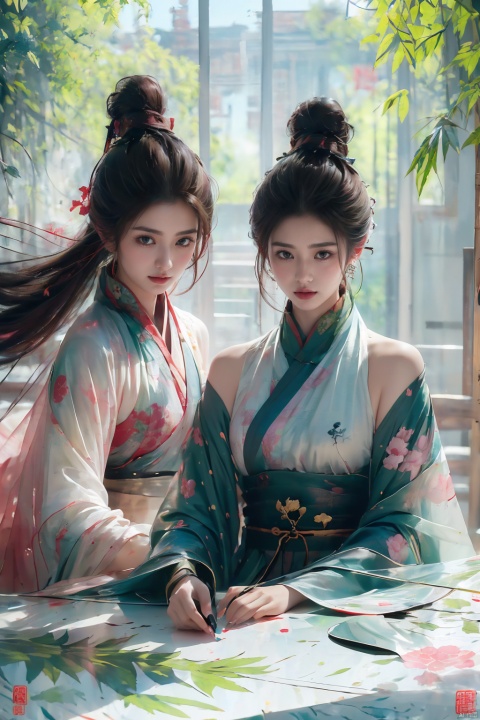  2girls, Ancient young male ((male characteristics)) Highest picture quality, beautiful eyes, luminous eyes, exquisite features, express lips,(cleavage),(Clavicle),(table),expression, gentle eyes (Chinese painting illustration) (((Clear))) (((artistic conception)) Watercolor long hair tie details, Hanfu, eardrops, eye light, long eyelashes, close-up portraits, bamboo shadows, soft light, green tones, warm yellow sunlight, high contrast,Ink scattering_Chinese style, smwuxia Chinese text blood weapon:sw, lotus leaf, (\shen ming shao nv\)
