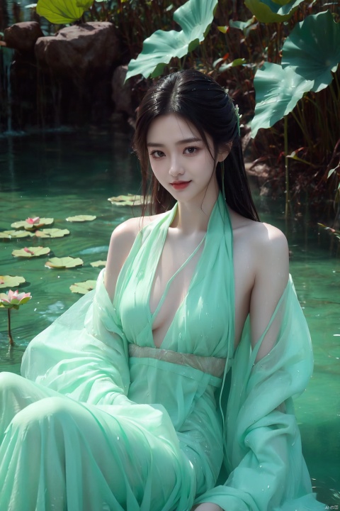  A girl, lying in the water, in a green pool, covered with lotus leaves, dressed in gauze-like Hanfu,hedress,Smile, wet clothes