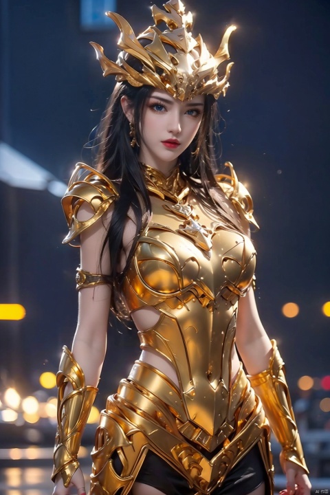  High quality, masterpiece, wallpaper, cinematic graphics,1girl,(( gold armor),blue eyes, breasts ,cowboy shot, medium breasts,standing, 