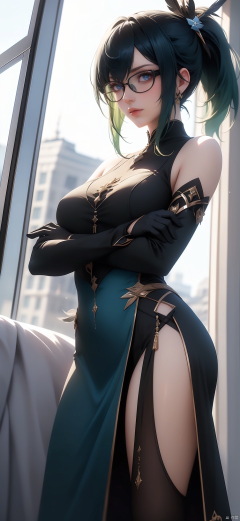  High quality, masterpiece,bangs,blue eyes,black hair,hair ornament,gloves,closed mouth,ponytail,green hair,glasses,black gloves,cosplay,crossed arms,High heels,semi-rimless eyewear,feather_hair ornament,Tight fitting clothing,,side slit,1girl