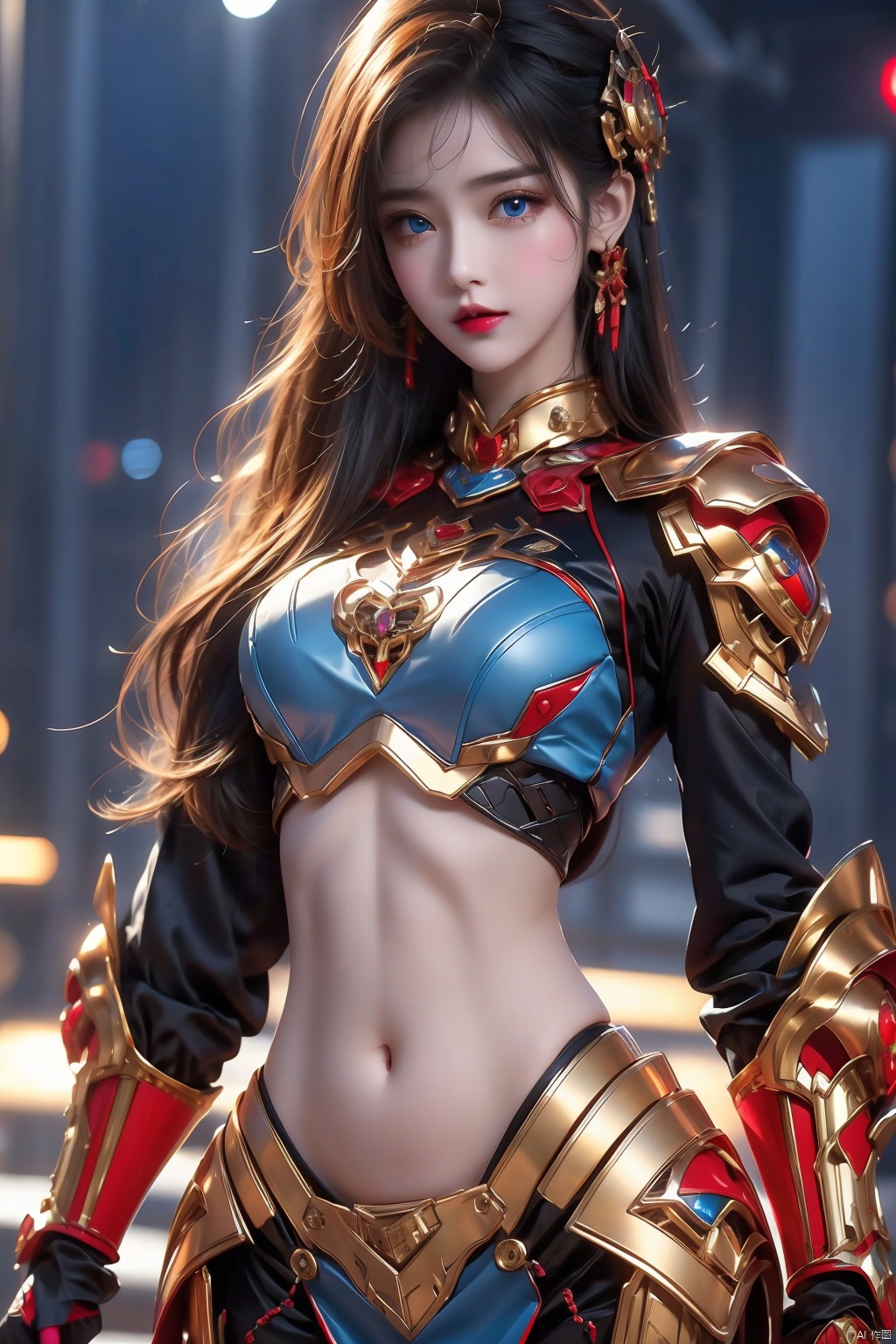  4k, office art, 1girl with colorful mecha and armor, Navel, decorated with complex patterns and exquisite lines, k-pop, blue eyes, dark red lips