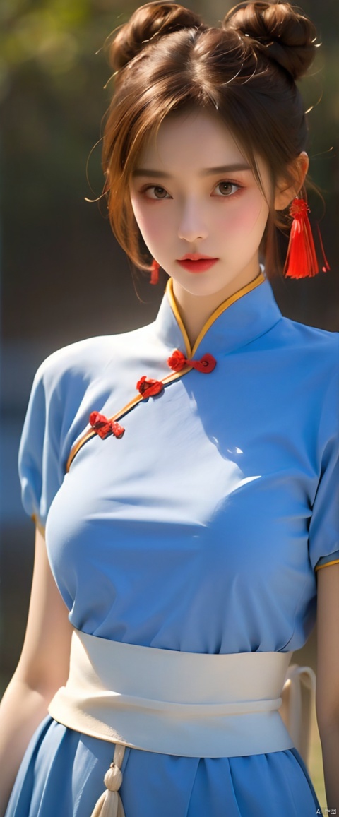  masterpiece, best quality, perfect face, perfect brown eyes with white sclera, bad-hands-5, solo, 1girl, upper body, brown hair, sf2 chun, chinese clothing, wide hips, muscular female, blue clothes, pantyhose, pelvic curtain, puffy short sleeves, bun cover, sash, standing, rating:safe,