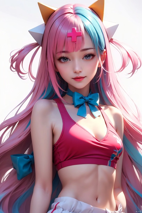 masterpiece,best quality, highly detailed, pinky pop hepburn,1girl, virtual youtuber, solo, two side up, smile, looking at viewer, portrait, white background, closed mouth, simple background, x hair ornament, sports bra, bare shoulders, bowtie