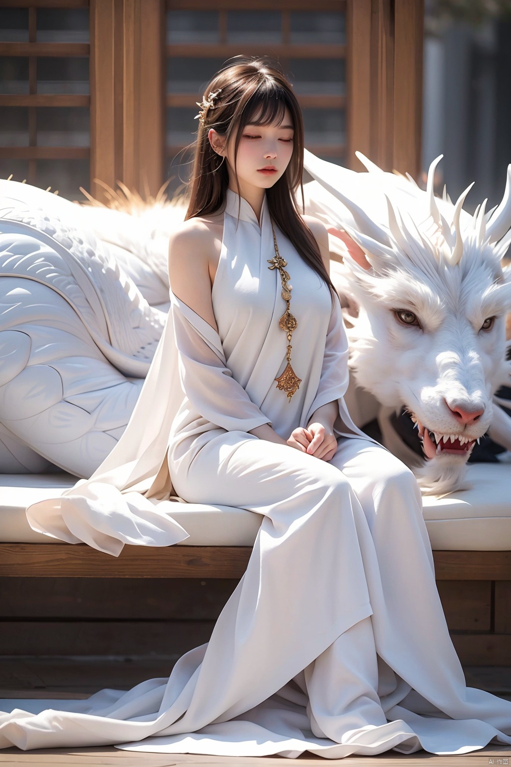  1 girl, meditating ,full body,(white Dragon),