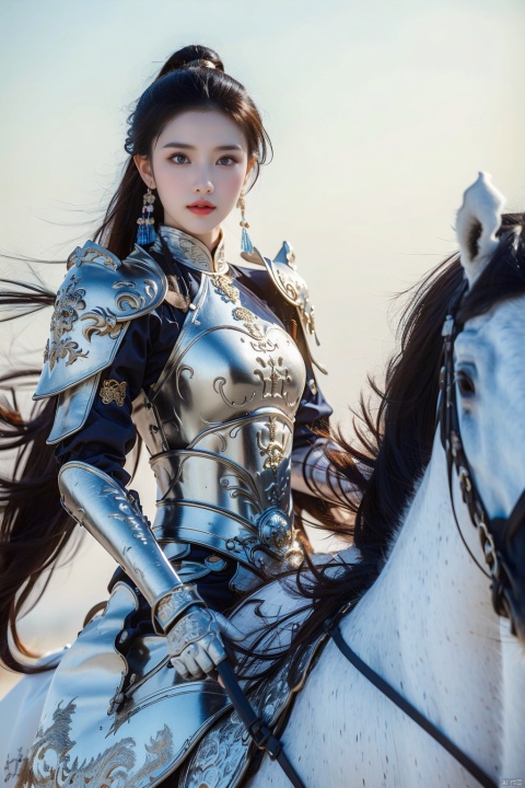 1girl,riding,solo,weapon,polearm,long hair,sky,horse,ponytail,day,horseback riding,mountain,armor,outdoors,brown hair,cloud,blue sky,brown eyes,,, (((masterpiece))),(((best quality))),((ultra-detailed)) white armor,