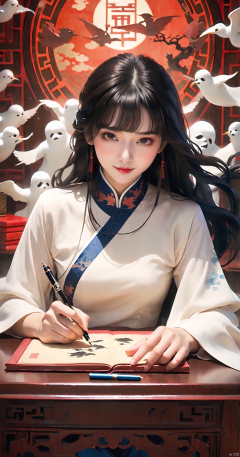  illustration,Wallpaper, ukiyo-e, royal sister and Chinese ghosts, rich colors, dark painting style, 1 royal sister,Sitting in the middle,Table, red glowing eyes, long black hair, wearing a black Chinese cheongsam, white plush shawl, evil smile, holding an ink pen, in Drawing on the desk, surrounded by countless floating ghosts of pain and blue souls, the souls and ghosts wrap around the girl, shocking picture, visual impact --q 2 --s 750 --niji 6 --ar 16:9 --, dofas, MATURE FEMALE, cosmetic contact lenses_Sharingan, zhonghuaniang