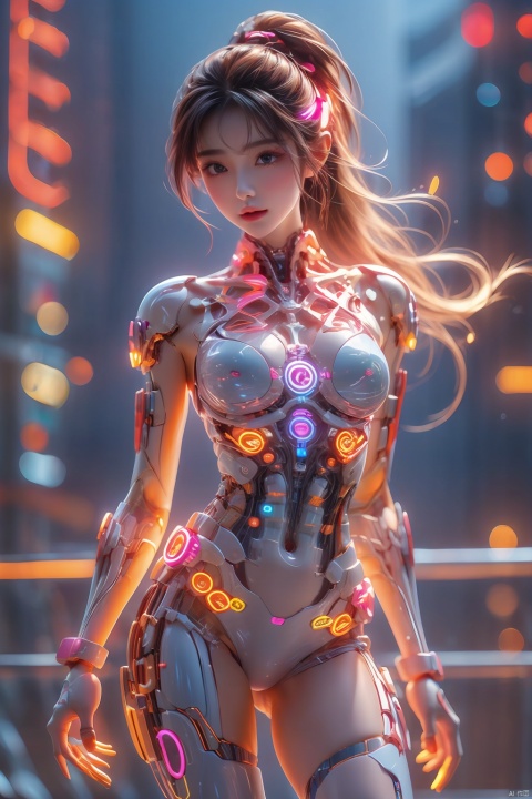  1girl,glowing,cyborg, (Thighs),energy,evening,fire,magic,Neon lights, pose,blurry background