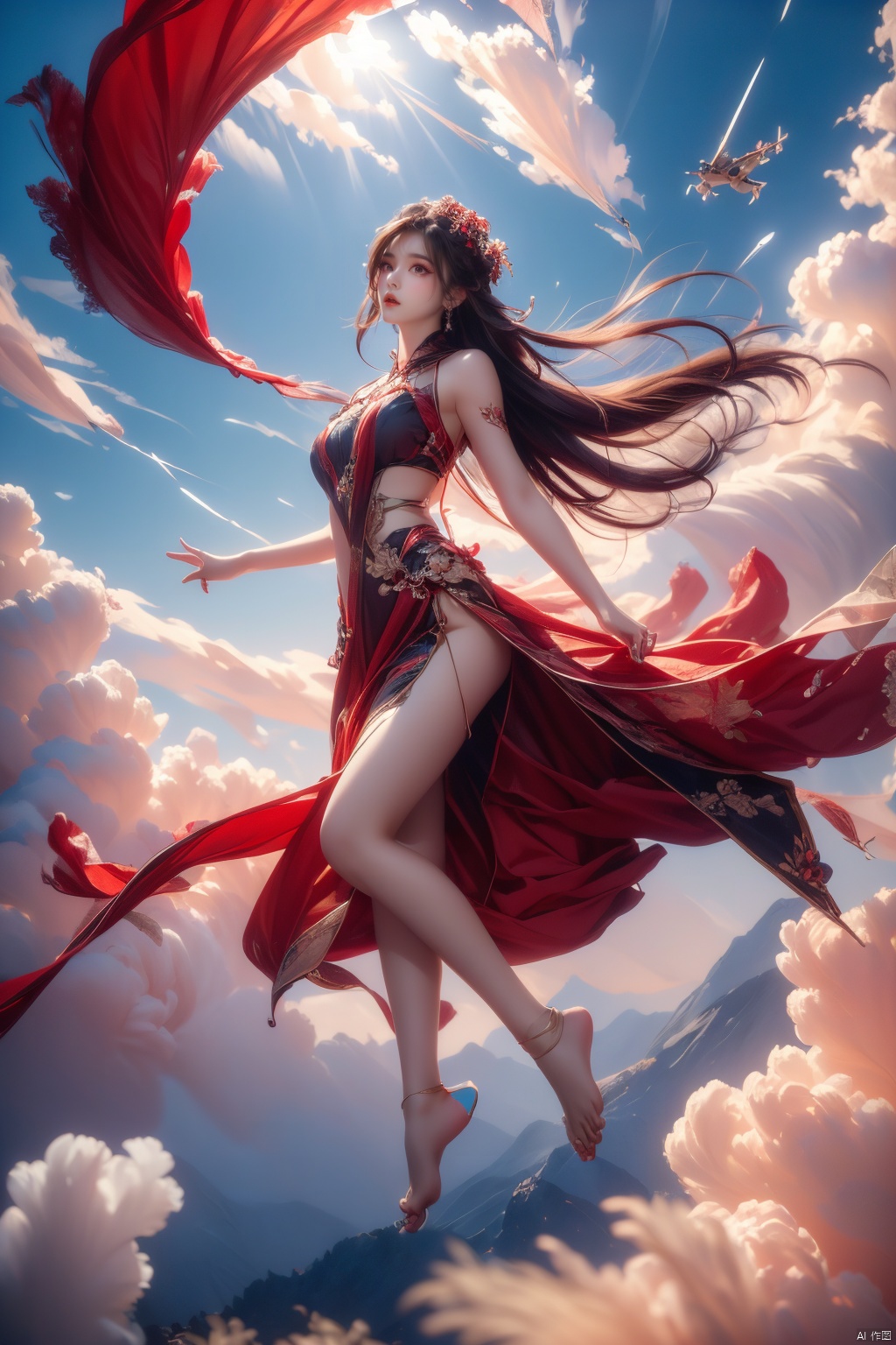  1girl, aura,,
Front view,air,cloud,
backlight,looking at viewer,
very long hair,hair flowe
full_body,(bare feet,:1.2)(flying in the sky:1.6),(Stepping on the clouds:1.2),Indian Beauty, xiaowu