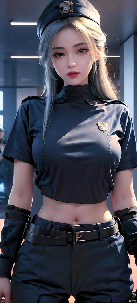  Police uniform, police officer clothes, details police clothes, indoor, police station, police station, underboob, shirt, , Esdeath, tutult